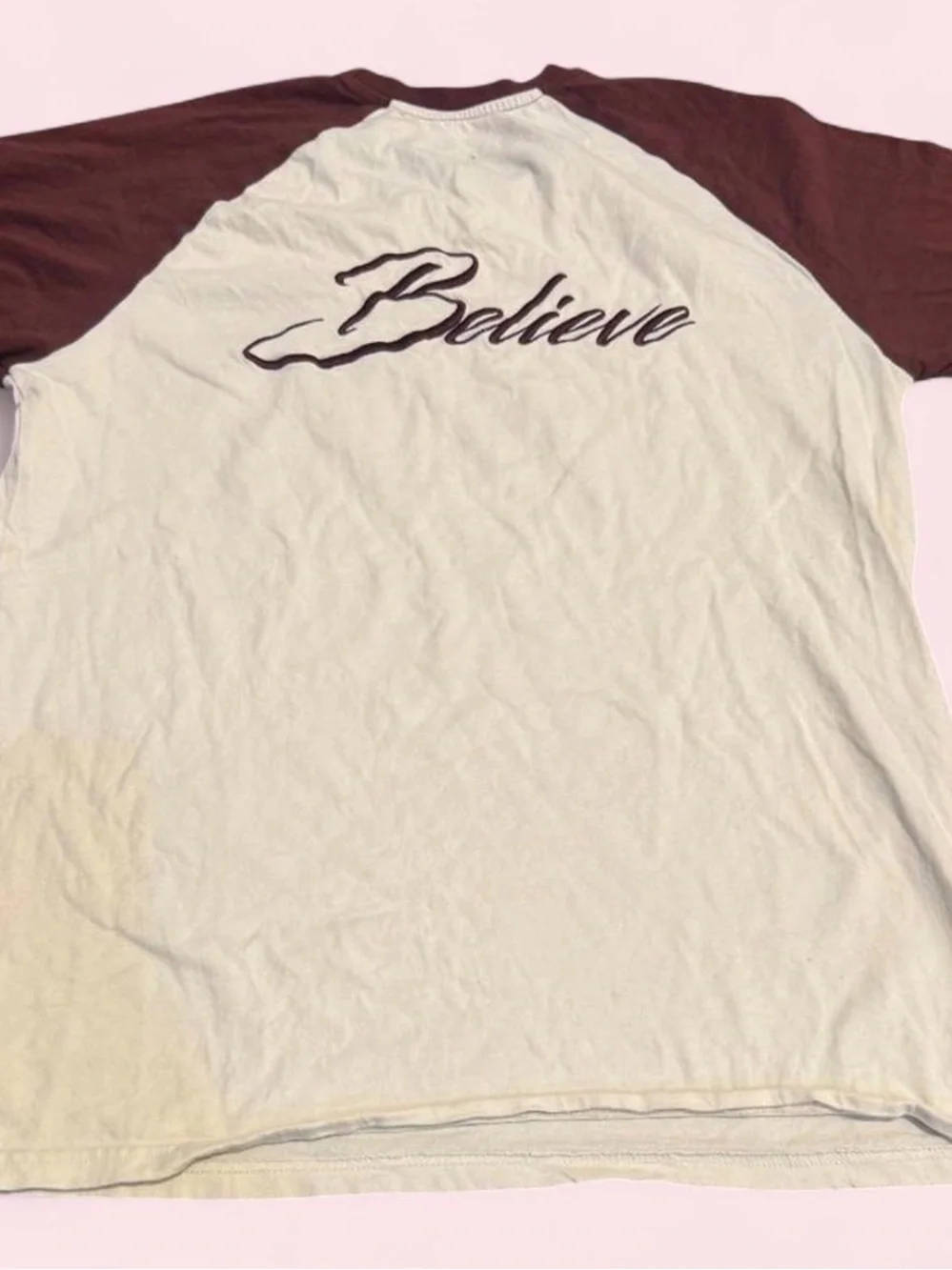 Raglan Tee with 'Believe' Script - Cream & Burgundy